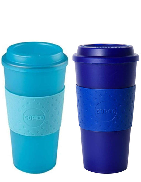 Copco Acadia Double Wall Insulated 16 oz Travel To Go Mug with Non-Slip Sleeve, Set of 2, Commuter Friendly, Drink On the Go (Translucent Teal/Translucent Navy)