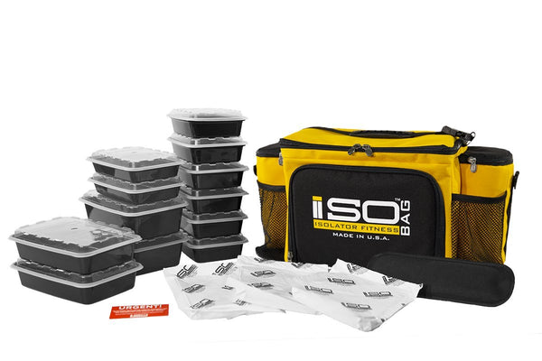 Isolator Fitness 6 Meal ISOBAG Meal Prep Management Insulated Lunch Bag Cooler with 12 Stackable Meal Prep Containers, 3 ISOBRICKS, and Shoulder Strap - MADE IN USA (Gold/Black)