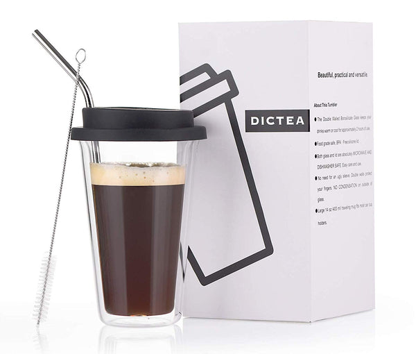 DICTEA Glass Travel Coffee Mug with Lid - Double Wall Thermo Insulated On The Go Tumbler, 12 Ounces, Black