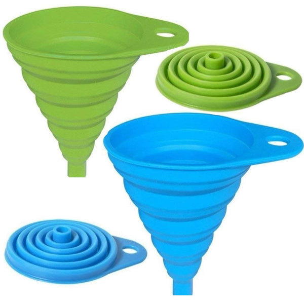 AxeSickle Silicone Collapsible Funnel 2 pcs Folding Funnel for Liquid Transfer As Oil, Water, Shampoo, Sanitizer, Kitchen Tool Gadget 100% Food Grade Silicone FDA Approved.(blue green)