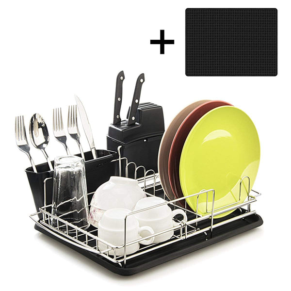 Toplife Expandable Stainless Steel Dish Rack, with Microfiber Mat, Drainboard, Removable Utensil Holder and Knife Holder, Over the Sink, In Sink Or On Counter
