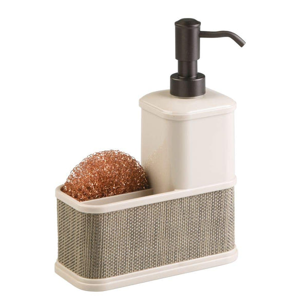 mDesign Decorative Plastic Kitchen Sink Countertop Liquid Hand Soap Dispenser Pump Bottle Caddy with Storage Compartment - Holds and Stores Sponges, Scrubbers and Brushes - Pearl Champagne