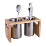 Flatware Organizer Caddy with Wood Base SUS304 Stainless Steel Cutlery Utensil Holder for Kitchen Countertop