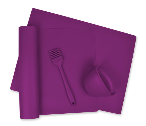 DII Kitchen Millennium, 4-Piece, Heat Resistant, Seamless, Non Stick, Dishwasher Safe, BPA Free, Silicone Kitchen Baking Set, Includes 2 Baking Mats, 1 Oven Gripper & 1 Basting Brush- Purple