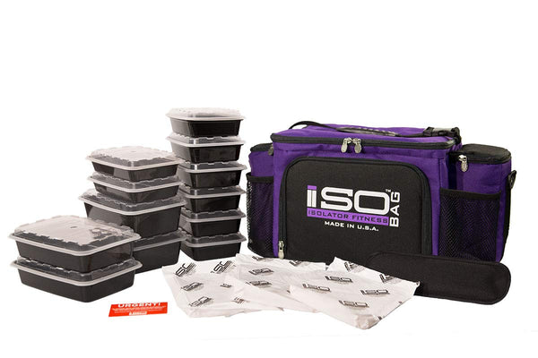 Isolator Fitness 6 Meal ISOBAG Meal Prep Management Insulated Lunch Bag Cooler with 12 Stackable Meal Prep Containers, 3 ISOBRICKS, and Shoulder Strap - MADE IN USA (Purple/Black)