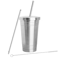 STAINLESS STEEL TUMBLER (16oz) with 2 Stainless Steel Straws, Cleaning Brush & Dual Layer Insulation - Ideal Travel Tumbler To Keep Your Hot and Cold Drinks At Temperature Longer