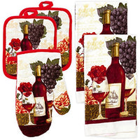 MJM Innovations Kitchen Towel Linen Set of 5 Pieces | 2 Towels 2 Potholders & 1 Oven Mitten | Featuring Wine Vineyard Grapes, Wine Glass & Bottle, Red Rose Flower, Bordeaux Chateau Roma (Wine)