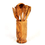 Gift Idea! Unique Grain Olive Wood Handmade Utensil Set and Holder Including: Utensil Holder, Spoon, Fork, 2 Spatulas, Ladle