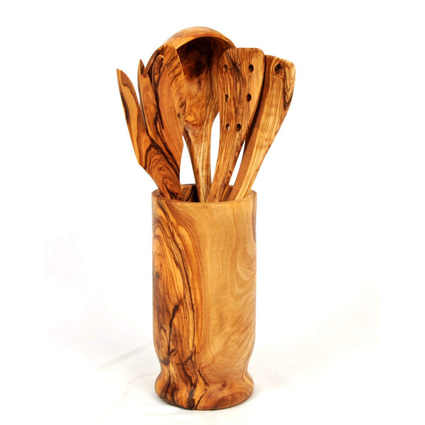 Gift Idea! Unique Grain Olive Wood Handmade Utensil Set and Holder Including: Utensil Holder, Spoon, Fork, 2 Spatulas, Ladle