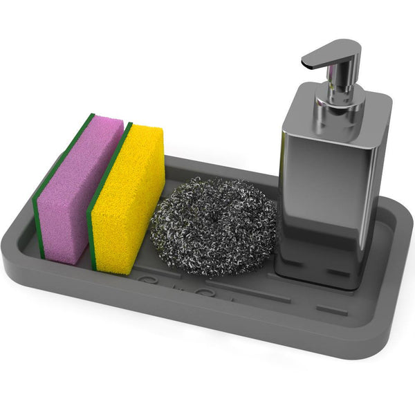 Sponge Holder - Kitchen Sink Organizer Tray for sponges, Soap Dispenser, Scrubber, and Other Dishwashing Accessories (Gray)