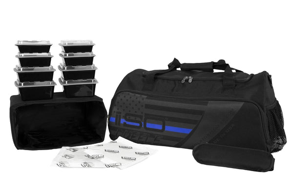 Isolator Fitness Thin Blue Line ISODUFFLE Gym Bag Meal Prep Management Insulated Duffle Lunch Bag with 8 Stackable Meal Prep Containers, 2 ISOBRICKS, and Shoulder Strap - MADE IN USA