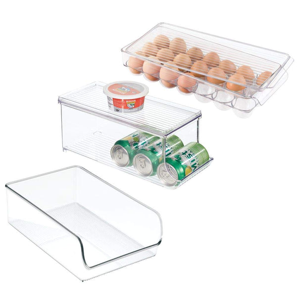 mDesign Plastic Kitchen Pantry, Freezer Storage Organizer Bin Combo for Fridge, Freezer, Pantry - Includes Covered 21-Egg Holder, Soda Can Dispenser with Lid, Large Low Front Bin, Set of 3 - Clear