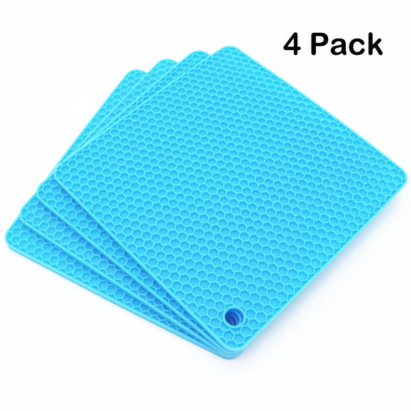 Lucky Plus Silicone Trivets Mat for Dish Hot Pads for Counter Top,Pan and Pot Heat Resistant Hot Protector Workshop,Coffee Mat or Placemats 4 Pack,Size:7.5x7.5 Inch, Color: Blue,Shape:Square