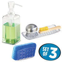 mDesign Kitchen Accessory Set, Soap Dispenser Pump, Sink Tray, Suction Sponge Holder - Set of 3, Clear