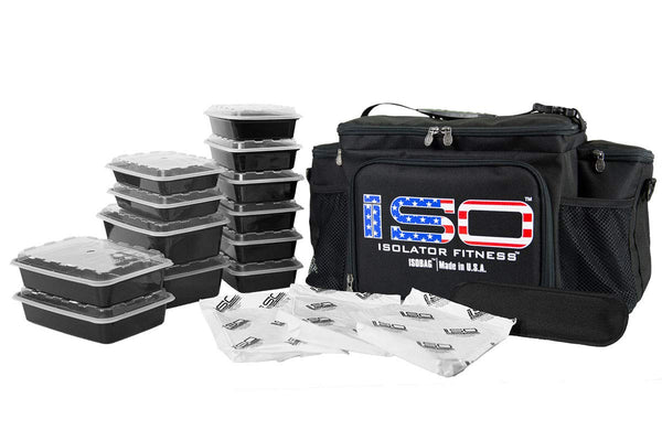 Isolator Fitness 6 Meal ISOBAG Meal Prep Management Insulated Lunch Bag Cooler with 12 Stackable Meal Prep Containers, 3 ISOBRICKS, and Shoulder Strap - MADE IN USA (PATRIOT)