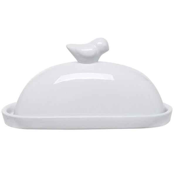 MyGift White Bird Design Decorative Ceramic Butter Dish and Lid Cover