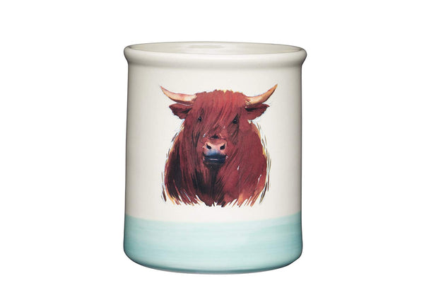 Kitchen Craft Apple Farm Hand-Finished 'Hamish Highland Cow' Ceramic Utensil Holder, 12.5 x 12.5 x 14.5 cm (5" x 5" x 5.5") - Cream/Sage Green