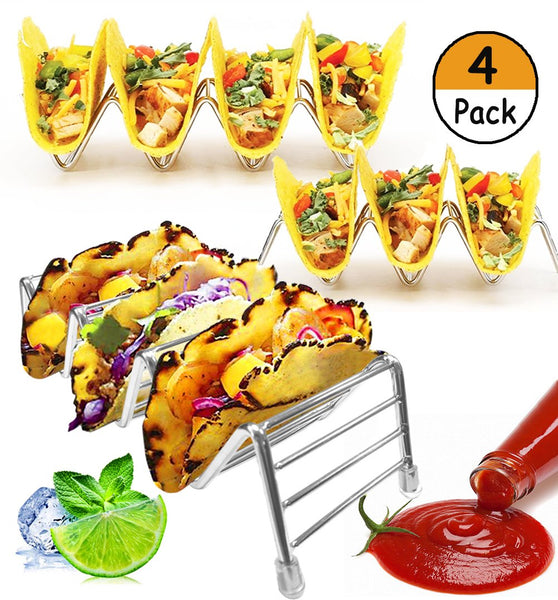4 Pack Stainless Steel Taco Holder, STNTUS INNOVATIONS Taco Stand Up Rack, Taco Party Platters and Serving Trays, 12 to 16 Space for Hard or Soft Shells