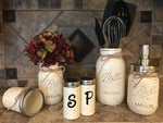 Ball Mason Jar KITCHEN PICK YOUR OWN PACK SET ~Pint Vase, Salt & Pepper Shakers, Utensil Holder, Stainless Steel Soap Dispenser ~Canning JARS Hand PAINTED Distressed ~Gray White Brown Cream Tan