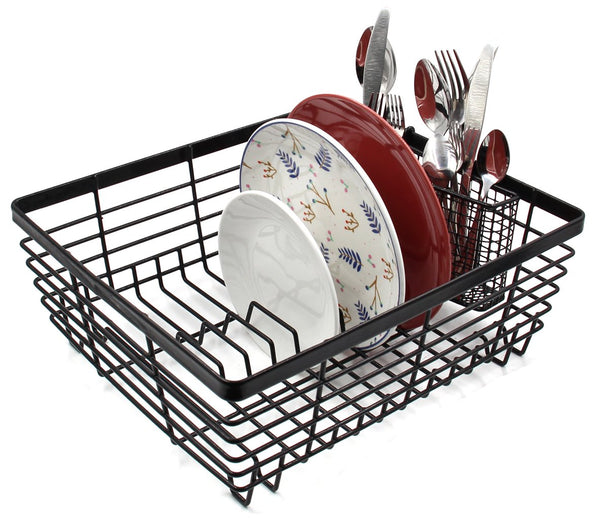 ESYLIFE Kitchen Dish Drainer Drying Rack with Full-Mesh Silverware Storage Basket, Black