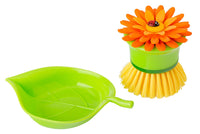 Vigar Flower Power Orange Palm Dish Brush With Holder, 5-3/4-Inches by 3-3/4-Inches, Yellow, Green, Orange