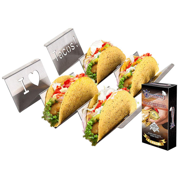 Stainless Steel Taco Holder Stand: 2 Rack Metal Tray Holders For Serving Up Soft & Hard Shell Food Truck Style Tacos - Fun Grill, Oven & Dishwasher Safe Taco Trays Great for Kids or Parties