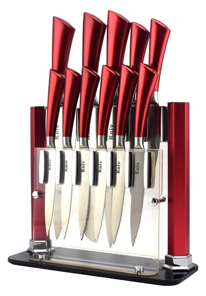 Red Knife Set by Kniv | Chefs, Paring, Utility, Carving, Bread, Steak Knives, 11 Comfortable Good Weight Pieces, Cut Like a Professional Chef (Sharp Wedding Gift)