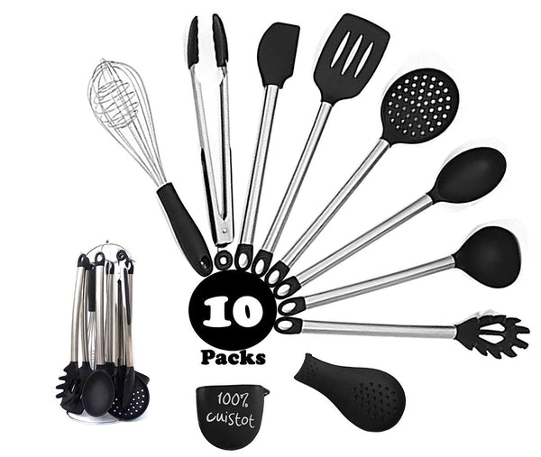 Premium Kitchen Utensil Set 10 Piece – Silicon & Stainless Metal Come With Stand, Silicone Hot Pad, Holder Silicone Spoon - Nonstick, Easy Washing, Tools Cooking & Baking,The Perfect Kitchen Set