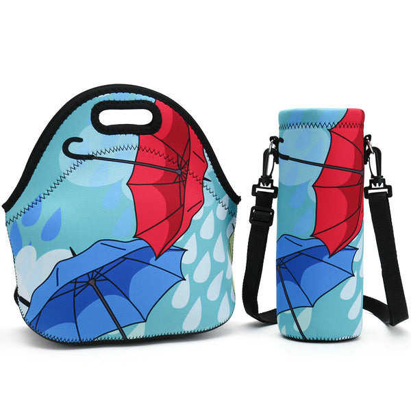 Neoprene Lunch Bag, Thick insulated Lunch Box Bag For Women,Men & Kids+Water Bottle Carrier Adjustable Shoulder Strap For Snacks & Lunch- Suitable For Travel,Picnic,School,Office (Nice Umbrella)