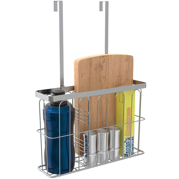 ULFR Over the Cabinet Door Kitchen Storage Organizer Basket, Space Saving Drawer Grid Holder for Cleaning Supplies, Bottles, Board, Grey Finish with an Easy to Install Divider