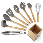 Kitchen Utensil Set,9 Pieces Cooking Utensils sets with Holder, Natural Bamboo Handle Silicone Cooking Utensils Slotted Spatula Turner Whisk Spoon Tongs Ladle for Non-stick Cookware