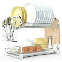 Dish Drying Rack, F-color Upgraded 2 Tier Dish Drainer Easy Install Kitchen Countertop Dish Holder with Removable Drain Board, Cutlery Drying Basket, Cutting Board Holder, Silver