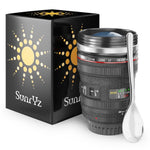 Camera Lens Coffee Mug Stainless Steel Premium - Travel Coffee Mug Insulated Thermos Cup with Black Easy Clean Lid and BONUS Free Spoon + FREE Coffee E-Book by SunrYz