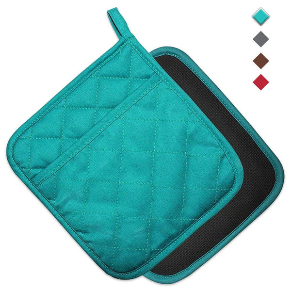 YEKOO Cotton and Neoprene Oven Pot Holder with Pocket 8"x8.5" Dual-Function Hot Pad Set for Finger Hand Wrist Protection Heat Resistant to 428°F Teal