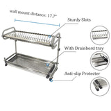 2-Tier Kitchen Cabinet Dish Rack 19.3" Wall Mounted Stainless Steel Dish Rack Steel Dishes Drying Rack Plates Organizer Rubber Leg Protector With Drain Board