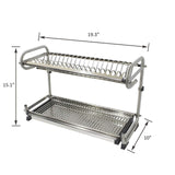 2-Tier Kitchen Cabinet Dish Rack 19.3" Wall Mounted Stainless Steel Dish Rack Steel Dishes Drying Rack Plates Organizer Rubber Leg Protector With Drain Board