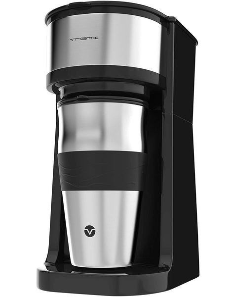 Vremi Single Cup Coffee Maker - includes 14 oz Travel Coffee Mug and Reusable Filter - Personal 1 Cup Drip Coffee Maker to Brew Ground Beans - Black and Silver Single Serve One Cup Coffee Dripper