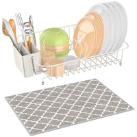 Dish Drying Rack, iSPECLE Dish Rack with Utensil Holder, Microfiber Dish Drainer Mat with Dish Rack Wire for Kitchen Counter Top, White Color Poblished Anti Rust Dish Holder, 13.8 x 10.6 x 3.5inch