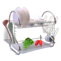 2-Tiers Rustproof Stainless Steel Metal Wire Medium Dish Drainer Drying Rack,Kitchen Plate Chopstick Cup Utensil Organizer Holder With Drip Tray (Stainless Steel, Chrome)