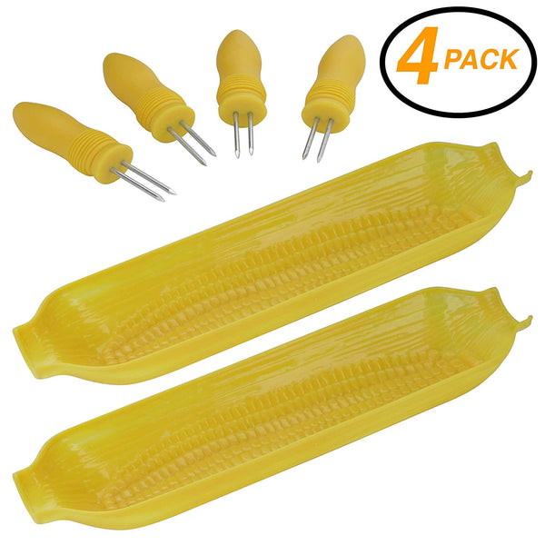 Ram-Pro 12 Pieces Corn Holders and Trays - 8 Corn Holders and 4 Trays Stainless steel Pins, plastic handles - Perfect for Home Cooking and BBQ - Large Handle Pin Grips Yellow