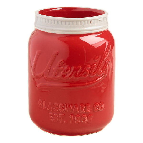 Red Ceramic Mason Jar Utensil Holder