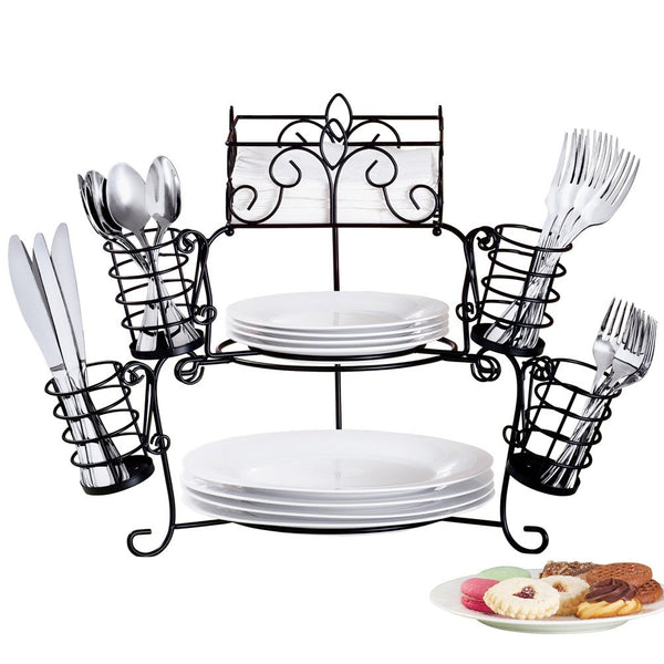 Buffet Organizer with Scroll Design, 7-Piece Set for Plates, Napkins and Cutlery