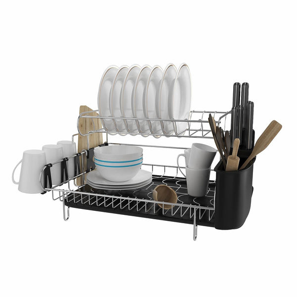 Cosway 2-Tier Dish Rack and Drainboard 304 Stainless Steel Kitchen Dish Drainer Drying Rack Large Capacity with Microfiber Mat Utensil Holder