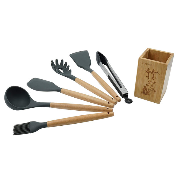 Silicone Kitchen Utensil 7 Pcs Cooking Tools Set with Beech Wood Handle, Bamboo Utensils Holder Included