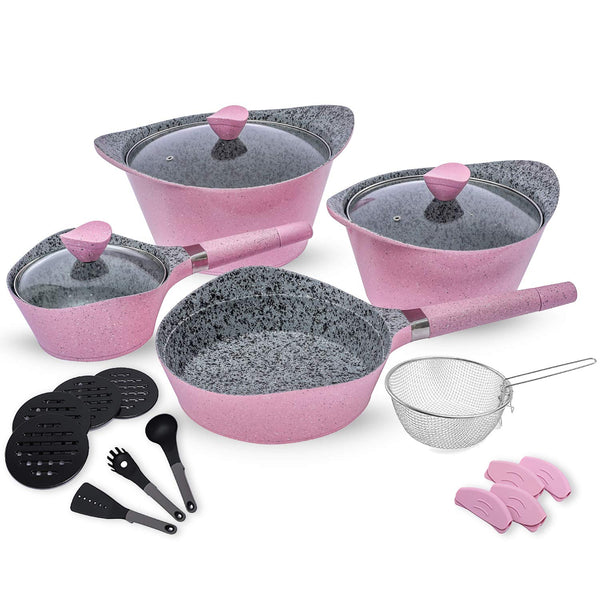 Nonstick Cookware Sets Dishwasher Safe Die Casting Aluminum Induction pots and pans set with Cooking Utensil Pack- 19 Piece - Pink
