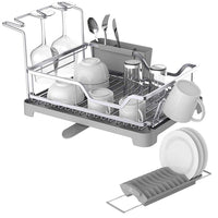 Aluminum Dish Drying Rack with Expandable Over Sink Dish Rack, Rust Proof Frame, Cutlery Holder, Swivel Spout, Wine Glass Holder & Cup Holder for Kitchen (Grey) 121887