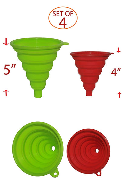 Silicone Collapsible Funnel for Liquid Transfer - High Grade Silicone Construction - BPA-Free- Hanging Hole For Optional Storage - Dishwasher Safe, (2 green, 2 red)