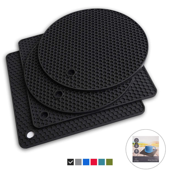 Q's INN Black Silicone Trivet Mats | Hot Pot Holders | Drying Mat. Our potholders Kitchen Tool is Heat Resistant to 440°F, Non-slip,durable, flexible easy to wash and dry and Contains 4 pcs.