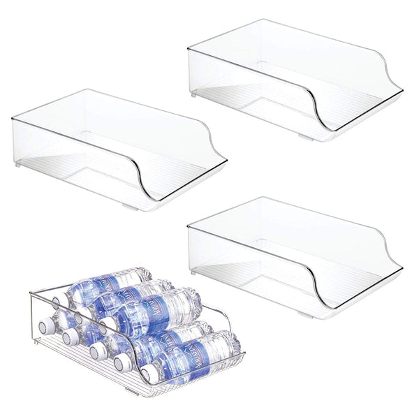 mDesign Wide Plastic Kitchen Water Bottle Storage Organizer Tray Rack - Holder and Dispenser for Refrigerators, Freezers, Cabinets, Pantry, Garage - 4 Pack, Clear