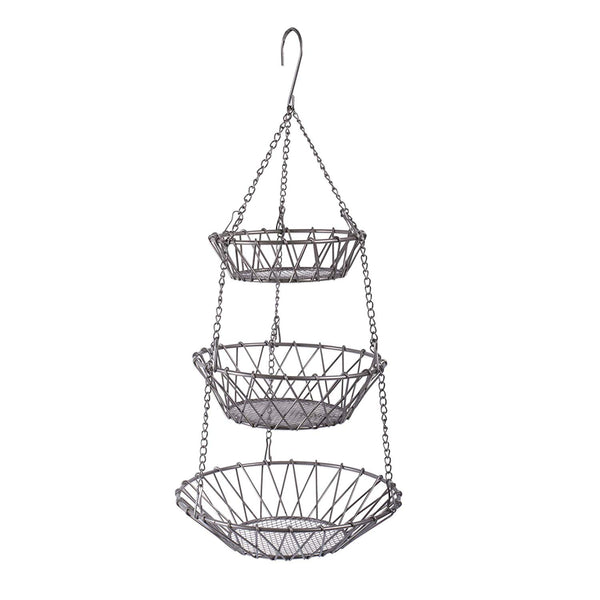 DII 3-Tier Fruit and Vegetable Basket with Sturdy Metal Chain Hanging Hook and Detachable Round Wire Nesting